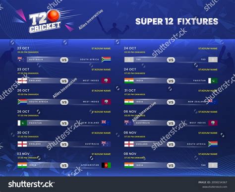 T20 Cricket Super 12 Fixtures Programar: vector de stock (libre de ...