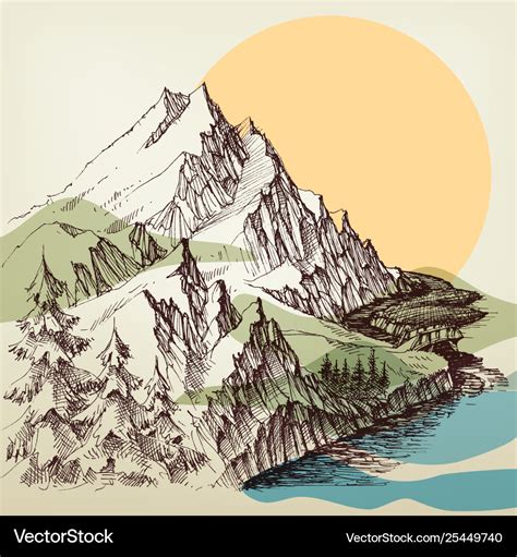 Alpine river landscape hand drawing Royalty Free Vector