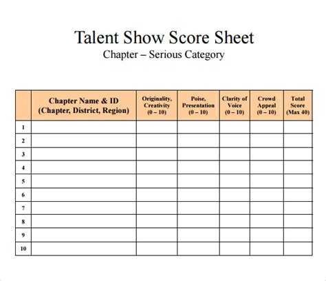 Printable Judges Score Sheet Template