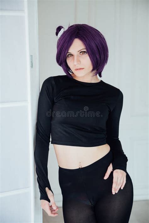 Portrait of a Beautiful Girl Cosplayer Anime with Purple Hair Stock Image - Image of musician ...