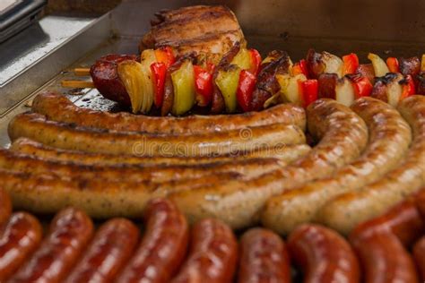 Prague, Czech Republic: Grill Czech Sausages on on Street Food Outdoor Market. Fried Baked ...