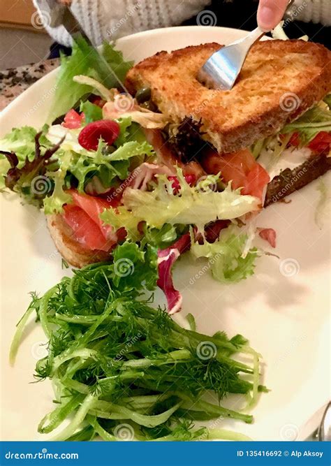 French Toast with Salmon Gravlax Sandwich Served with Greens Salad. Stock Photo - Image of food ...