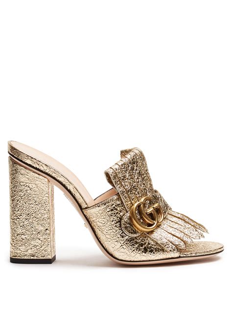 Gucci Marmont Fringed Leather Sandals in Metallic | Lyst