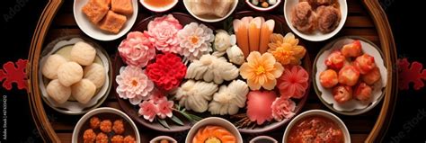 Artistic arrangement of colorful chinese new year dumplings highlighting symbolism and variety ...