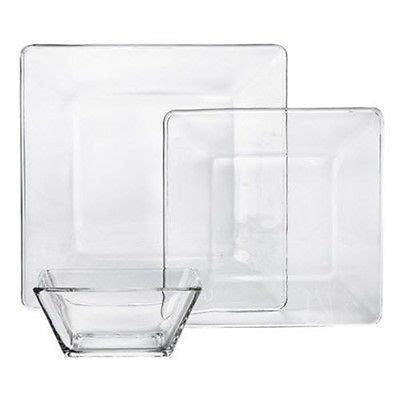 Dinner Square Set Kitchen Dinnerware Clear Glass Bowls Dishes Plates 12 ...