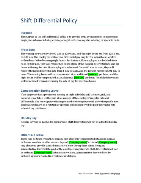 Shift differential policy in Word and Pdf formats