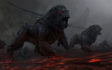 Fantasy art dark horror evil demons gorilla animals fire hell chains monsters beast creature ...