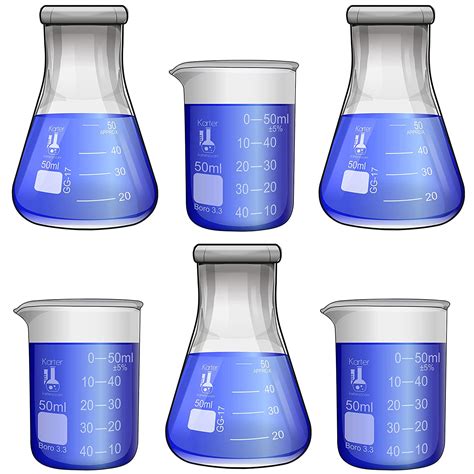 Laboratory Shot Glass Set, 6 Pieces, 50ml Beakers and 50ml Flasks, Borosilicate Glass, Karter ...