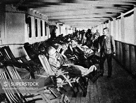 The promenade deck of the 'Lusitania' showing passengers reclining on deck-chairs. The Lusitania ...