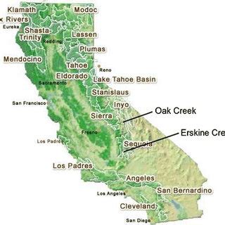 Map showing the Erskine Creek and other features near Lake Isabella ...