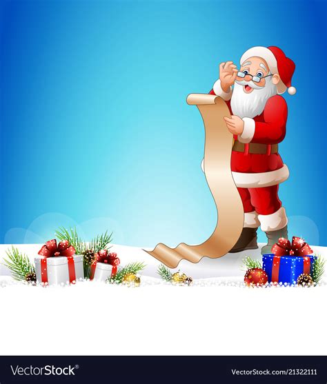 Christmas background with santa claus reading a lo