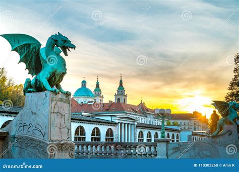 Ljubljana Dragon Bridge Sunset Stock Photo - Image of tail, slovenia ...