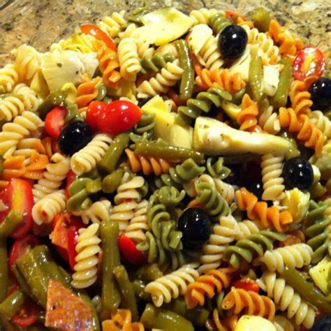 Pasta Salad * barilla tri-colored rotini cooked add green beans, cherry tomatoes, black olives ...