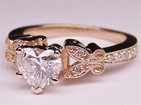 Engagement Ring -Heart Shape Diamond Butterfly Vintage Engagement Ring & Matching Wedding Band ...