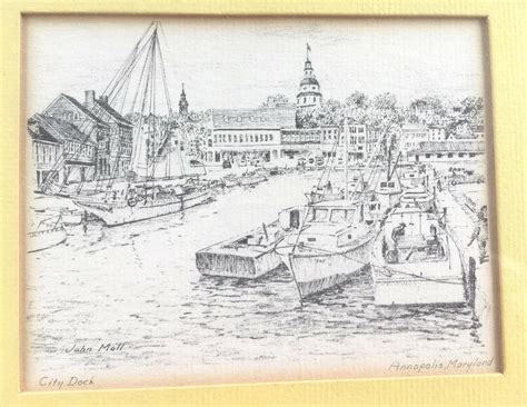 Antique Pencil Drawing, City Dock Annapolis, MY, John Moll, 4"x 5" signed | #2021656813