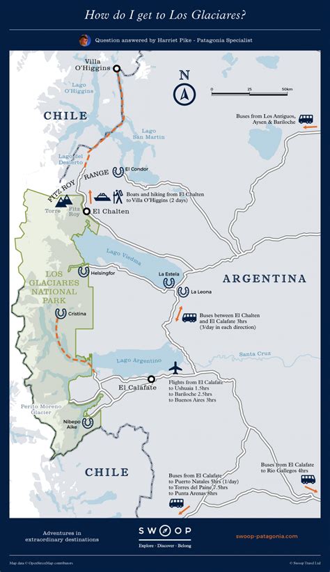 Map showing how you get to Los Glaciares, Patagonia. The massive South ...