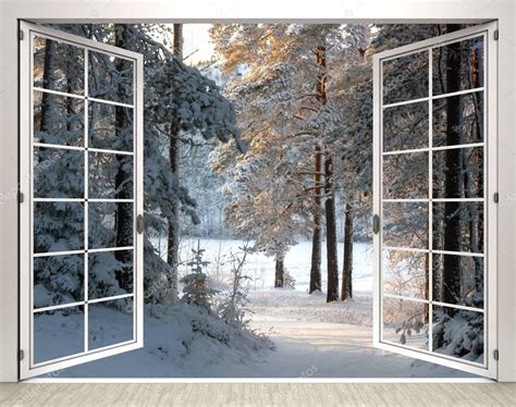 Window of a country house with a view of the winter forest Stock Photo ...