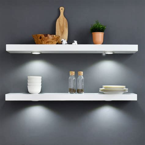 White Floating Shelf with Touch-Sensing Battery Powered LED Light Wall Mounted Display Shelves ...