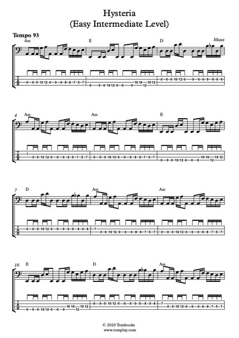 Hysteria (Easy/Intermediate Level) (Muse) - Bass Tabs