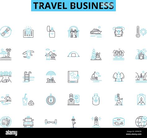 Travel business linear icons set. Adventure, Exotic, Leisure, Culture, Destination, Escape ...