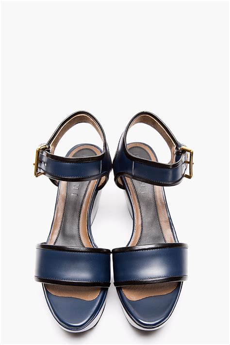 Lyst - Marni Navy Leather Wedge Sandals in Blue