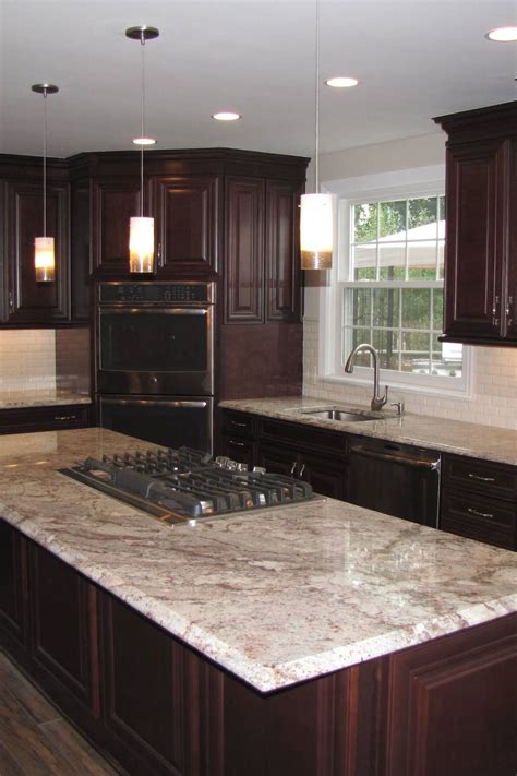 Elegant Dark Brown Cabinets with White Spring Granite Countertops