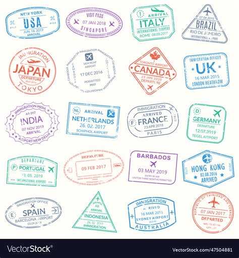 Passport stamp set visa stamps for travel Vector Image