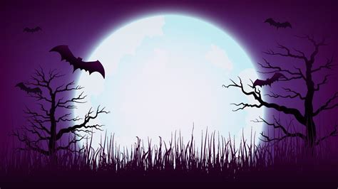 Happy Halloween Purple Violet Background with full moon, Dead tree and bat, Vector illustration ...