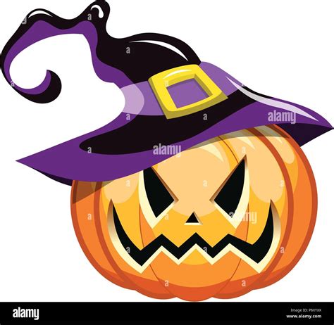 Cartoon spooky halloween pumpkin wearing witch hat isolated Stock ...