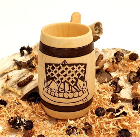 Hand Carved Wooden Beer Mug 0.5 litre ( 17 oz ) Viking ship from from ...