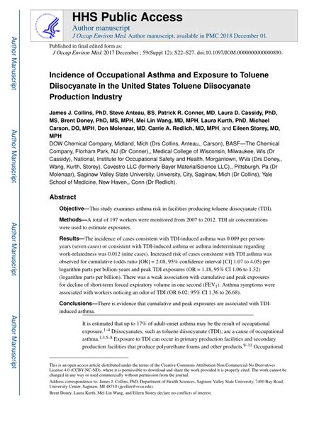 (PDF) Incidence of Occupational Asthma and Exposure to Toluene Diisocyanate in the United States ...