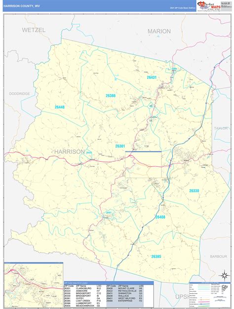 Harrison County, WV Zip Code Wall Map Basic Style by MarketMAPS - MapSales