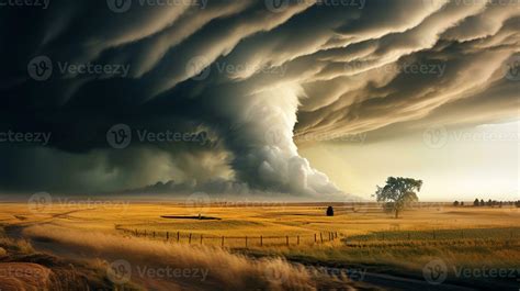 Dramatic landscape with dangerous and scary tornado in yellow-green ...