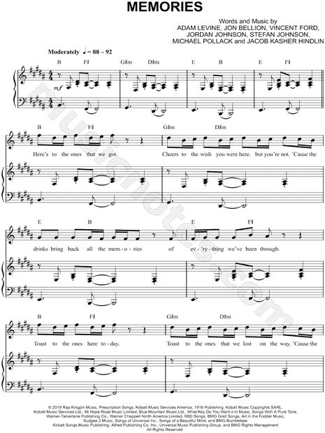 Maroon 5 "Memories" Sheet Music in B Major (transposable) - Download ...