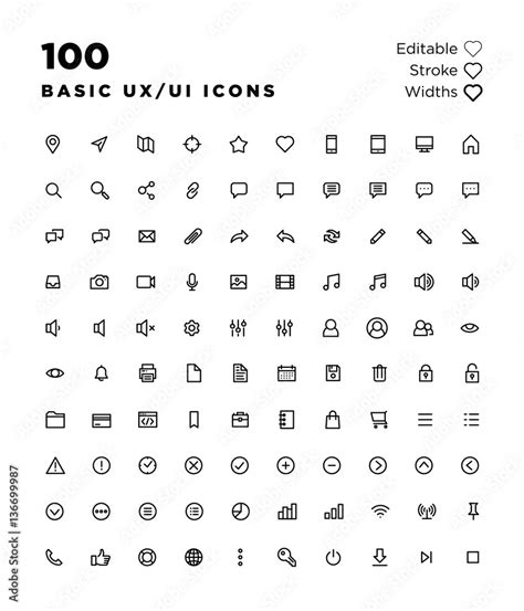 Basic Ux/Ui Icons, editable stroke widths เวกเตอร์สต็อก | Adobe Stock