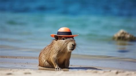 Premium AI Image | Cute capybara in orange hat resting on shore of sea ...