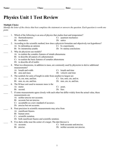 Physics Unit 1 Test Review