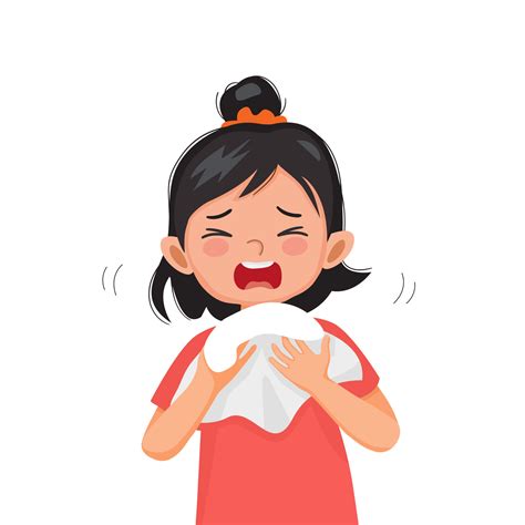 Cute little girl suffering from flu or cold allergy symptom sneezing on a handkerchief or tissue ...