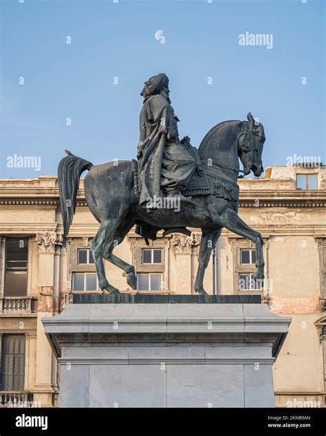 A low-angle shot of the great statue of Muhammad Ali Pasha riding a ...