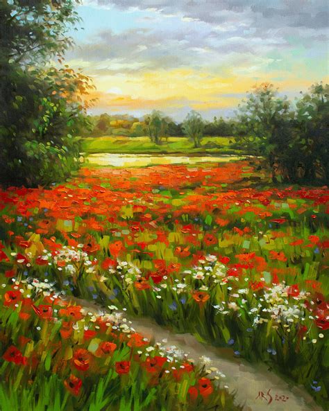 POPPY FIELD (Modern Impressionistic Landscape Oil Painting, Gift for nature lovers, Wall art ...