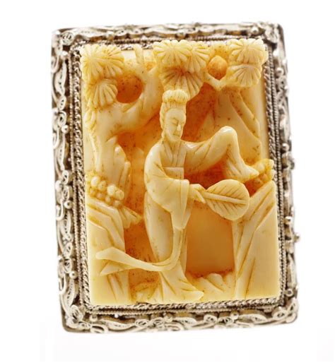 Early 20th century Chinese carved ivory & silver brooch marked ...