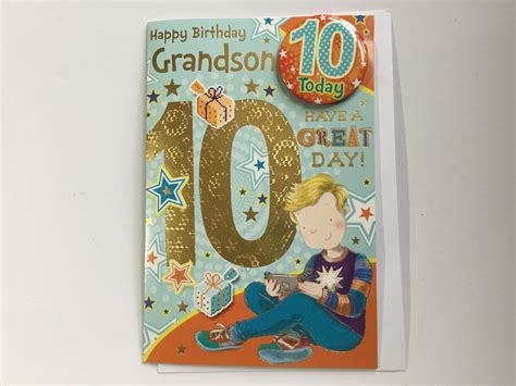 Grandson 10th Birthday Card with Badge - Debs Cards