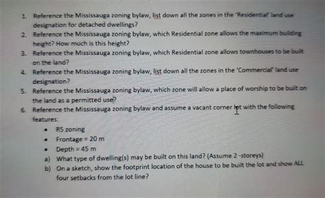 Solved 1. Reference the Mississauga zoning bylaw, list down | Chegg.com