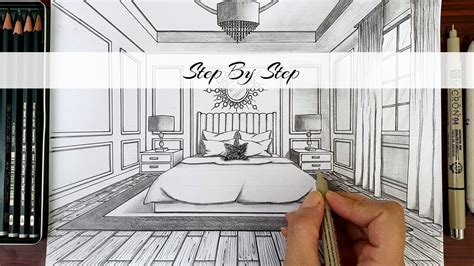 how to draw a bedroom in one point perspective,how to draw a room in pe ...