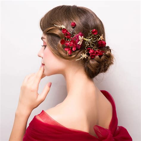 Fashion Red Flower Headpiece Hair Accessories Bridal Wedding Headdress Hairwear Women Party ...