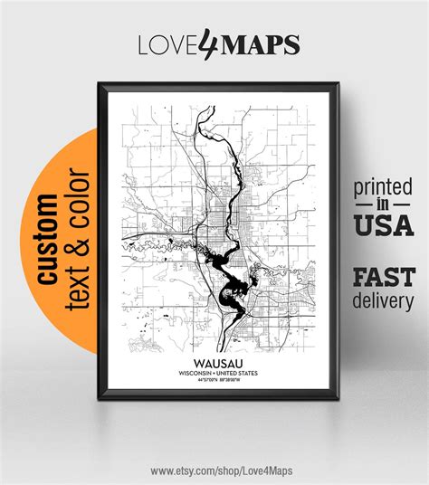 Wausau Wisconsin Map Wausau City Print Wausau Poster | Etsy