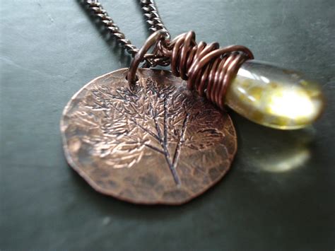 Nature Inspired Copper Penny Tree Necklace With Green Czech Glass Wire Wrapped Pendant. on Luulla