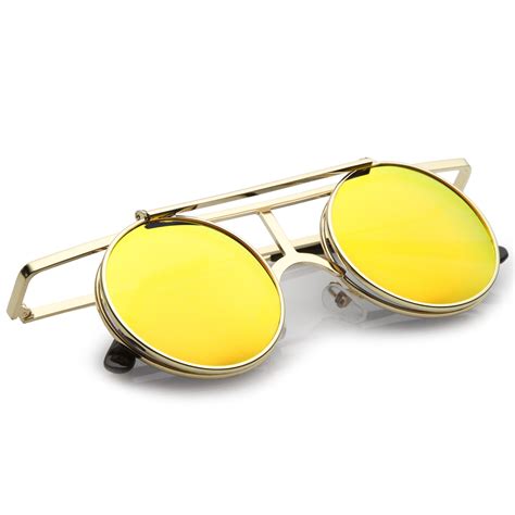 Steampunk Round Mirrored Lens Flip Up Sunglasses - zeroUV