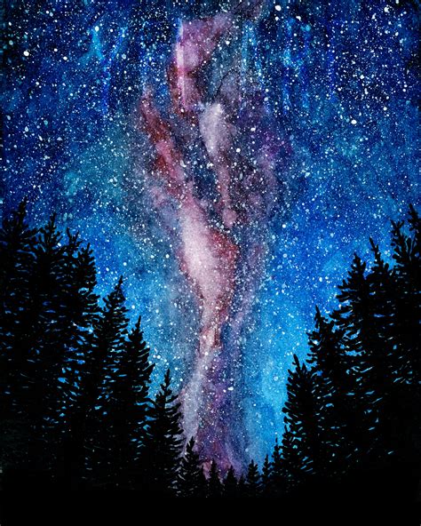 Galaxy painting Watercolor galaxy Milky way Treescape