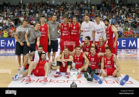 Belgrade, Serbia. 16th Aug, 2015. Serbia's national basketball team players pose for the photo ...